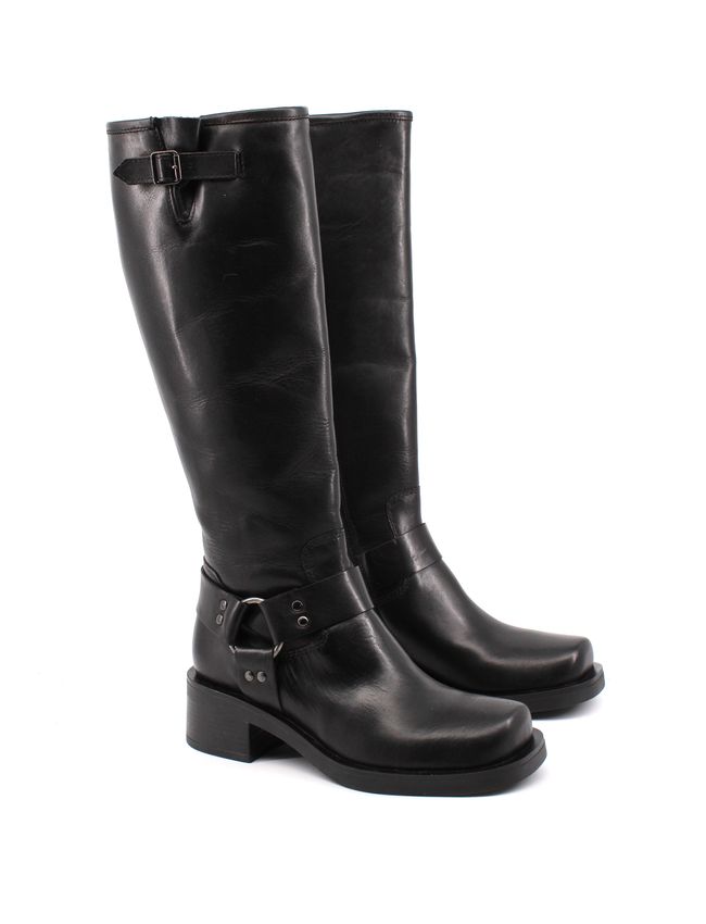 Chiara Formentini Stivale Biker gambale alto punta quadrata vera pelle nera