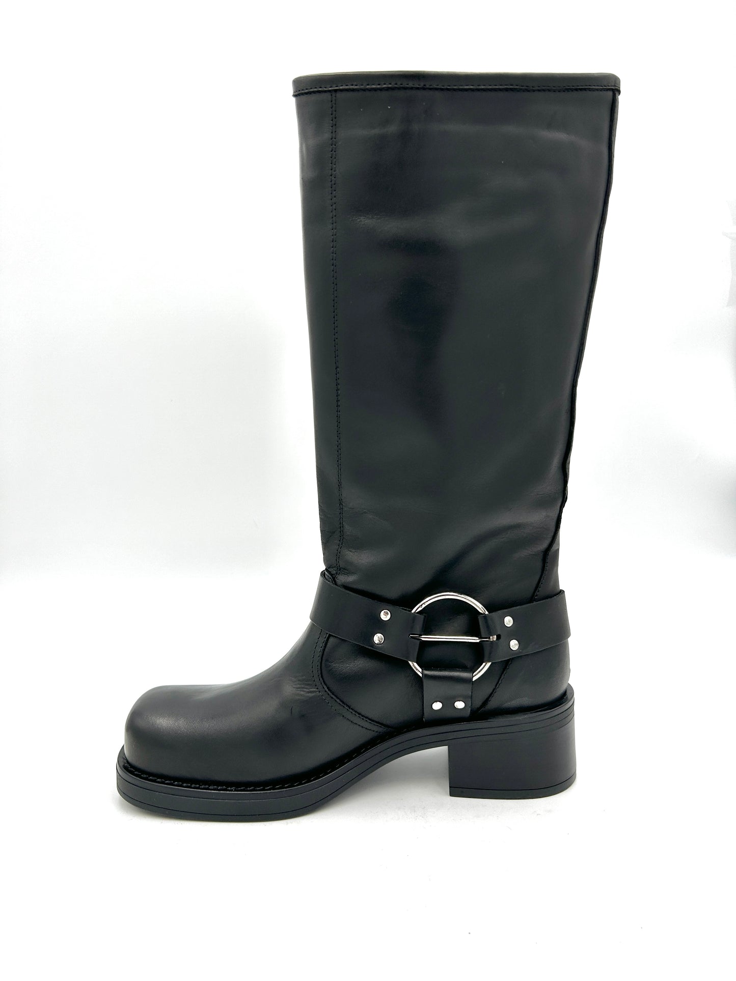 Made in italy Stivale Biker gambale ampio punta quadrata - vera pelle nera - Made in Italy