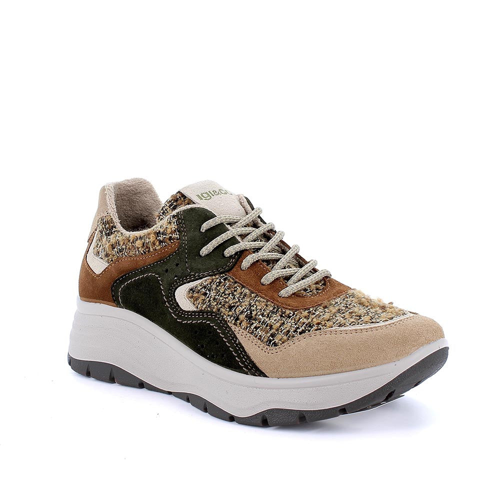 Igi&co Sneakers Tweed donna con lacci - beige e verde - Igi&co