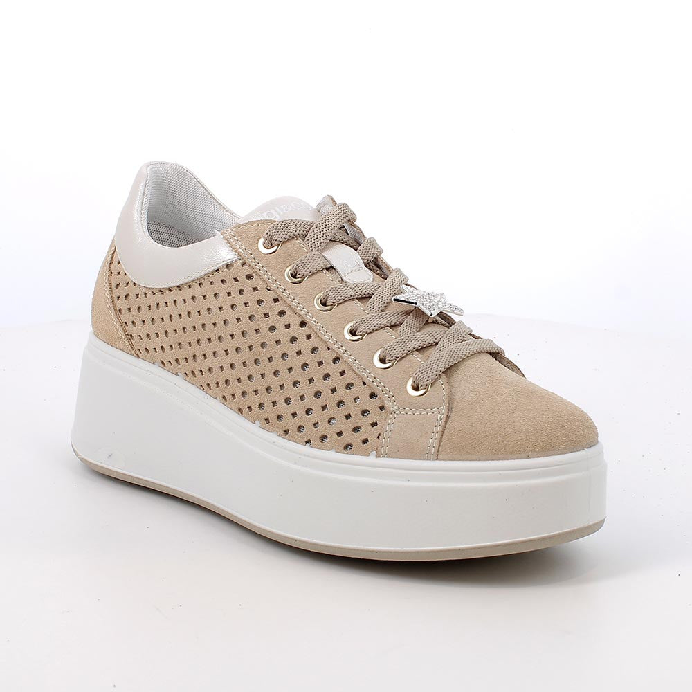 Igi&co Sneakers da donna in pelle con fori e gioiello rimovibile, beige - Igi&co