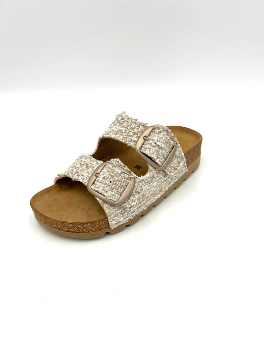 Easy walk Sandalo Platform a due fasce regolabile, Big buckle /Canva tweed tessuto beige - easy walk