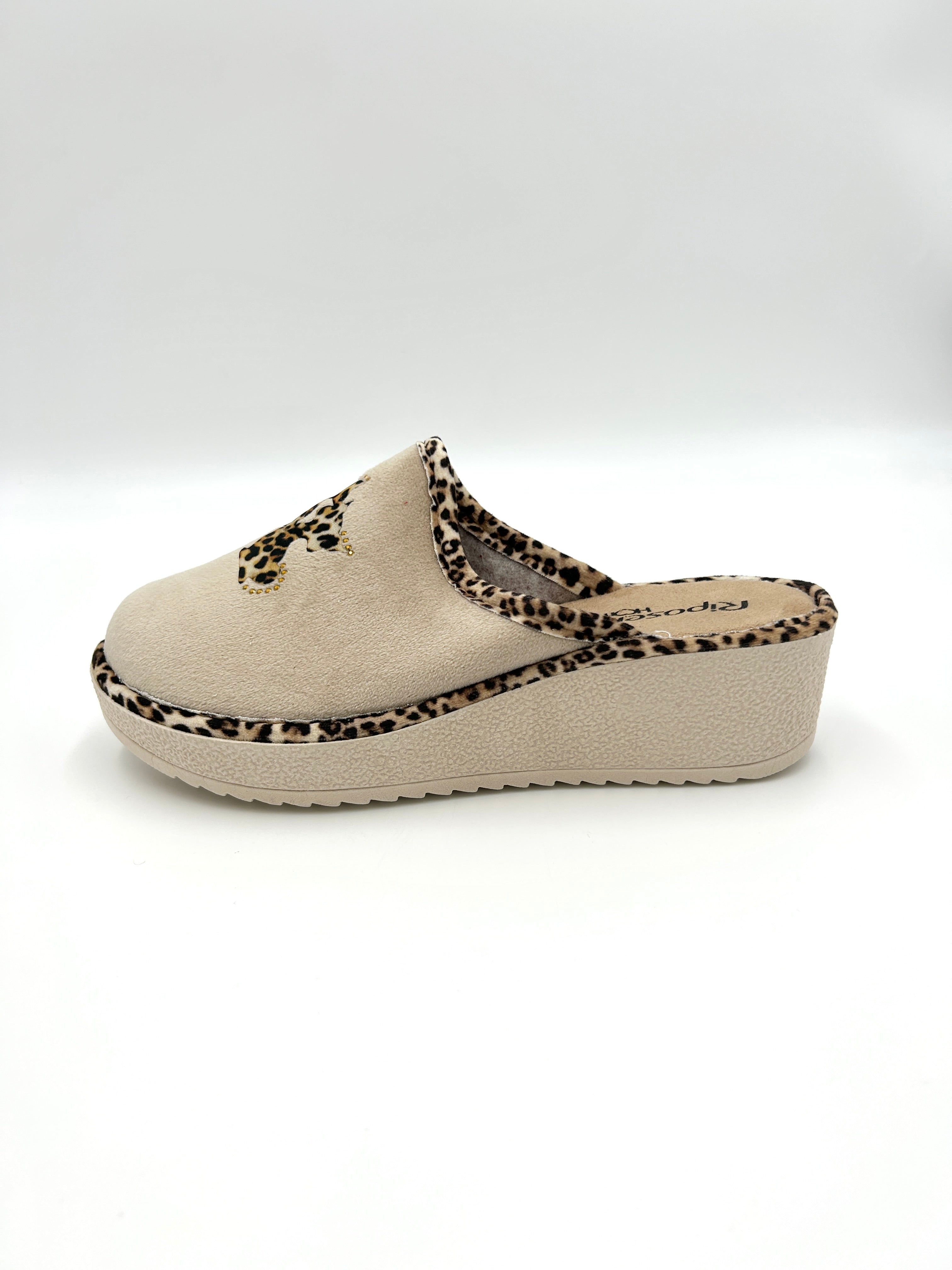 Riposella Pantofola ciabatta calda con rialzo beige fantasia leo e blu fantasia fiore