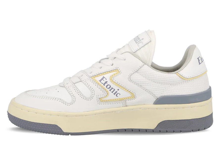 Etonic Sneakers B481 in pelle bianca, mesh bianco, dettaggli gialli, beige e grigio fumo