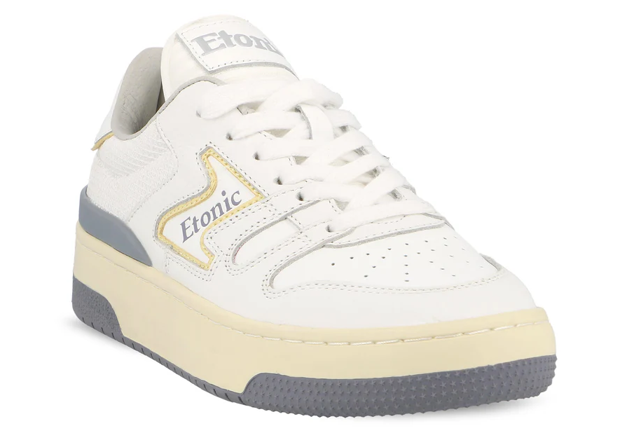 Etonic Sneakers B481 in pelle bianca, mesh bianco, dettaggli gialli, beige e grigio fumo