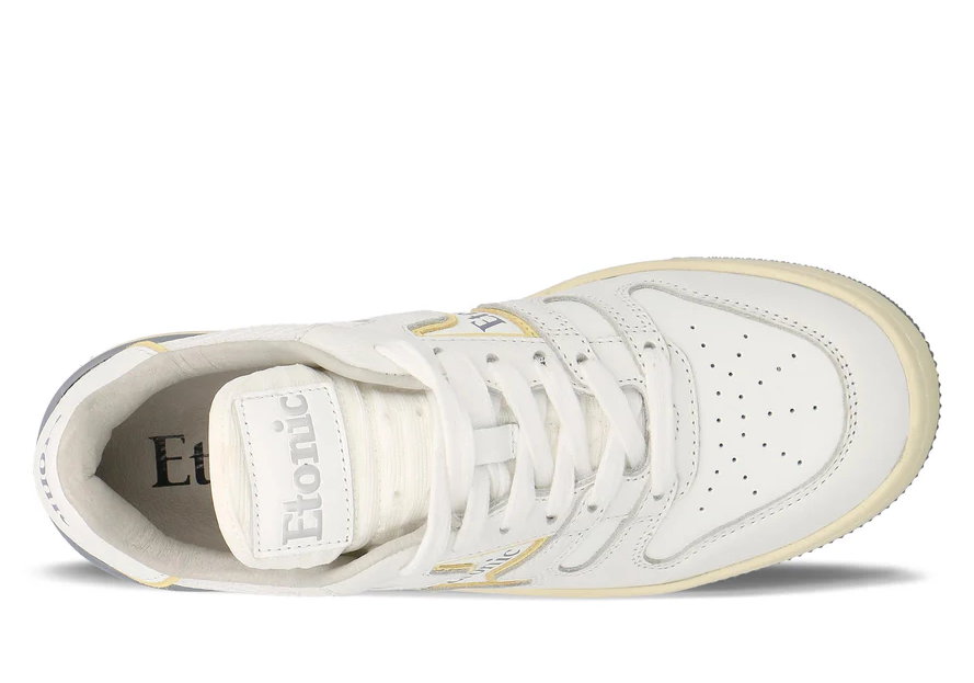 Etonic Sneakers B481 in pelle bianca, mesh bianco, dettaggli gialli, beige e grigio fumo